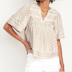 Old Navy Beige Patterned Short-Sleeve V-Neck Blouse